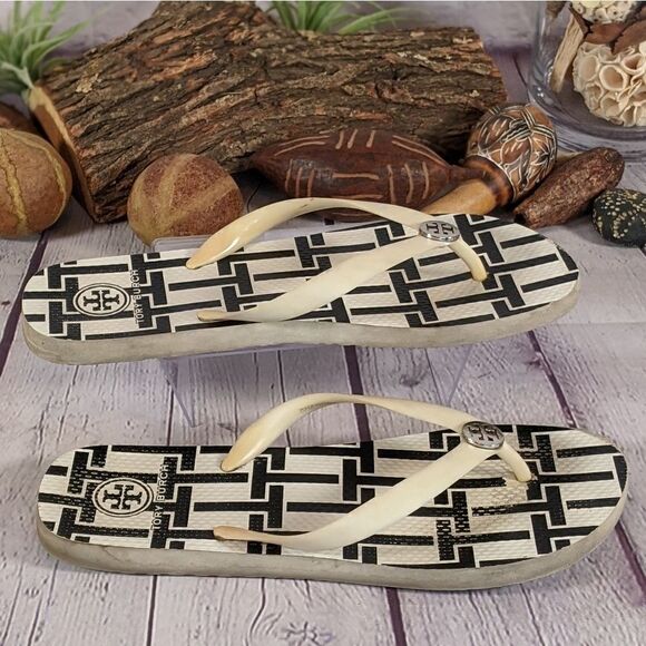 TORY BURCH WHITE T-BASKET FLIP FLOP W/ SILVER LOGO - Picture 3 of 6